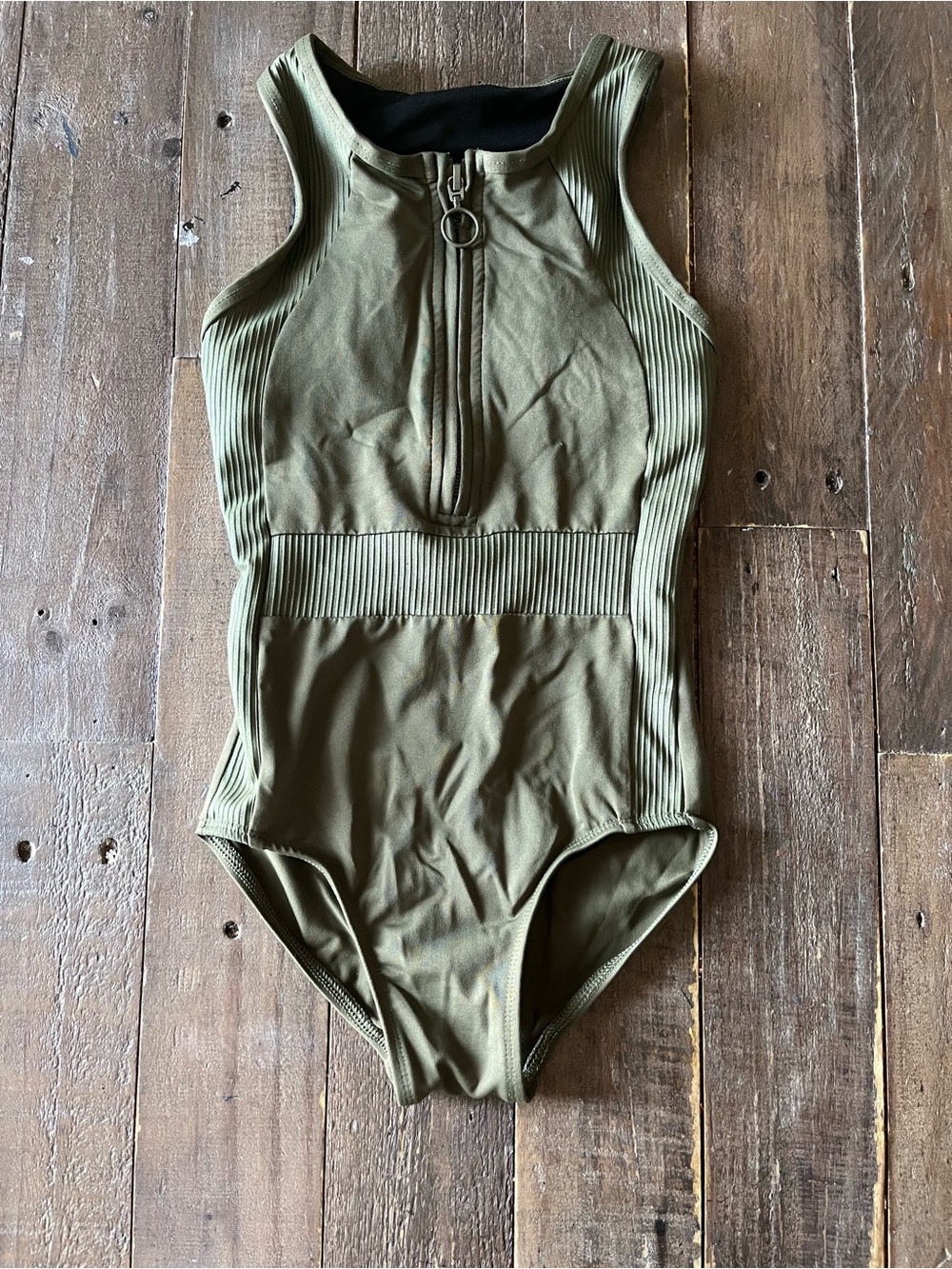 Olive Green Ribbed Zip-Front One-Piece Leotard